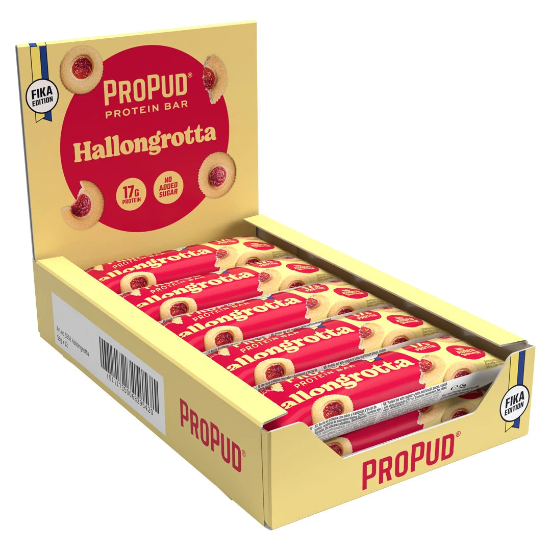 ProPud Hallongrotta Proteinbar – 12-pack – gul eske med 12 proteinbarer à 55 g