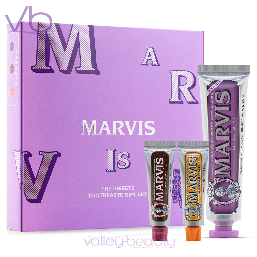 Marvis The Sweets Tannkrem Gavesett – Jasmin Mint, Black Forest & Orange Blossom (85 ml + 2 x 10 ml)