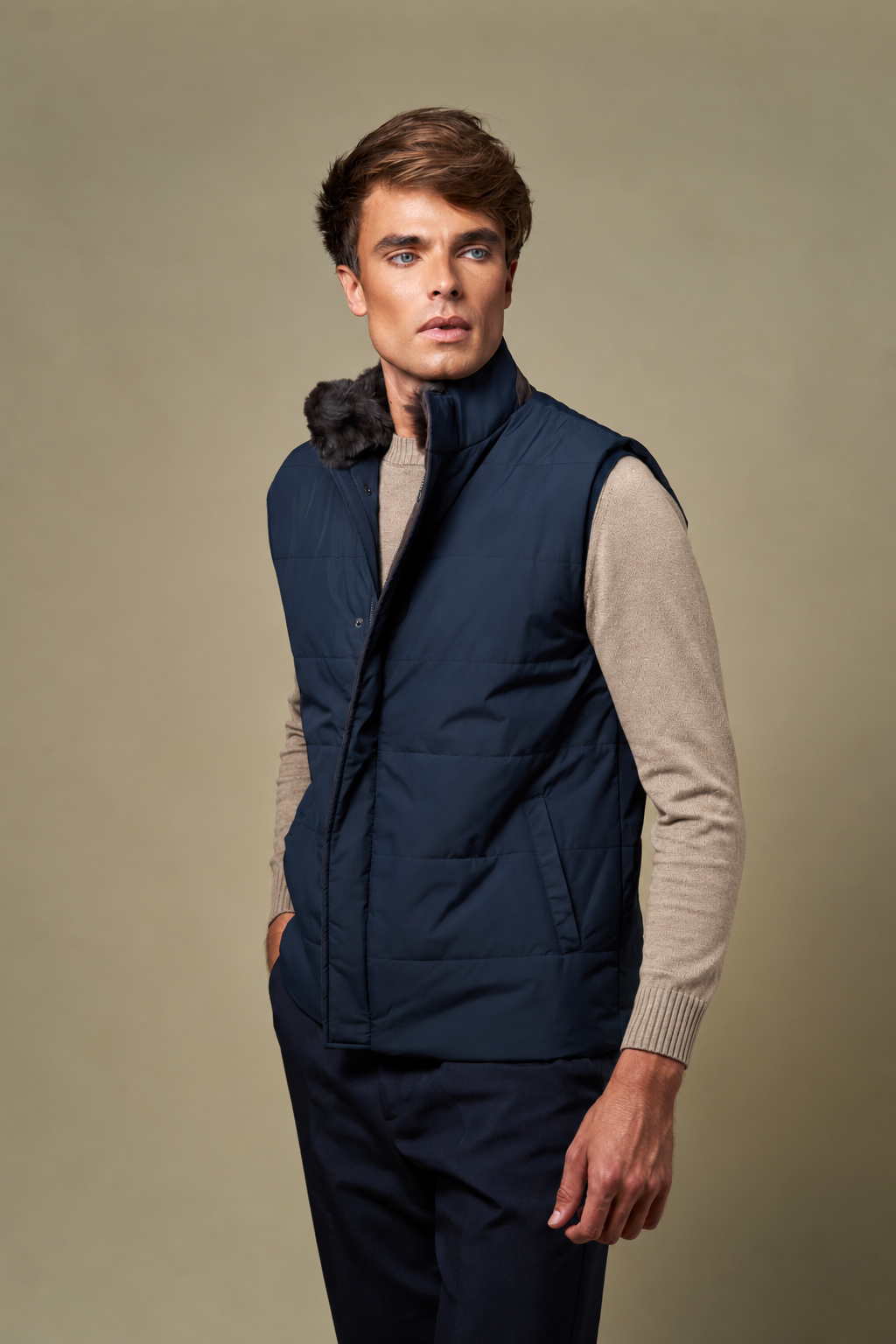 Fur Collar Gilet | Navy – Marineblå – størrelse XL