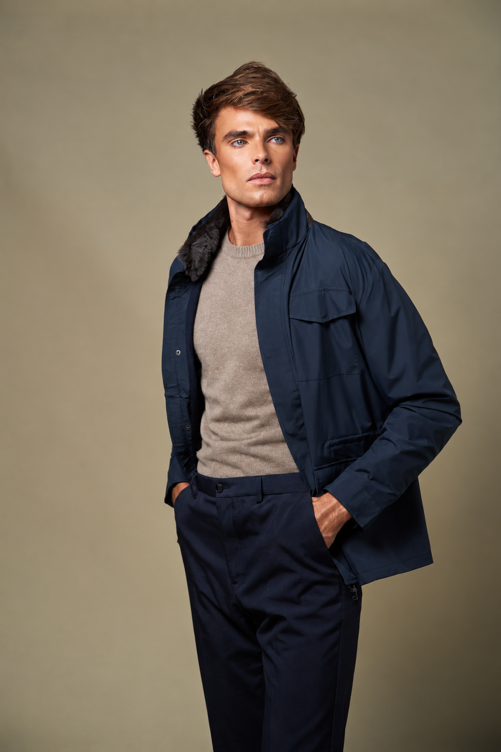 Technical Fur Collar Field Jacket | Navy – Marineblå – størrelse XL