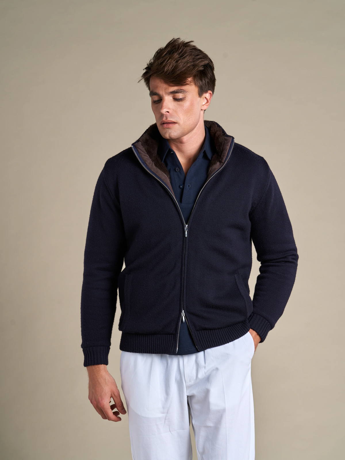 Full Fur Lined Cardigan | Navy – Marineblå – størrelse XL