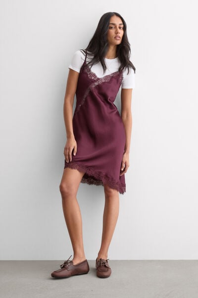 Asymmetrical Slip in Viscose Satin with Lace