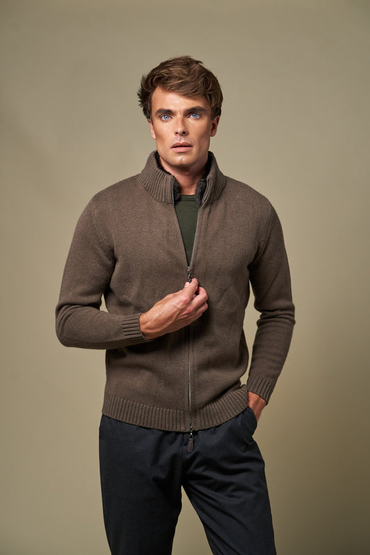 Genuine Fur Collar Cardigan | Tobacco – Tobakk – størrelse XL