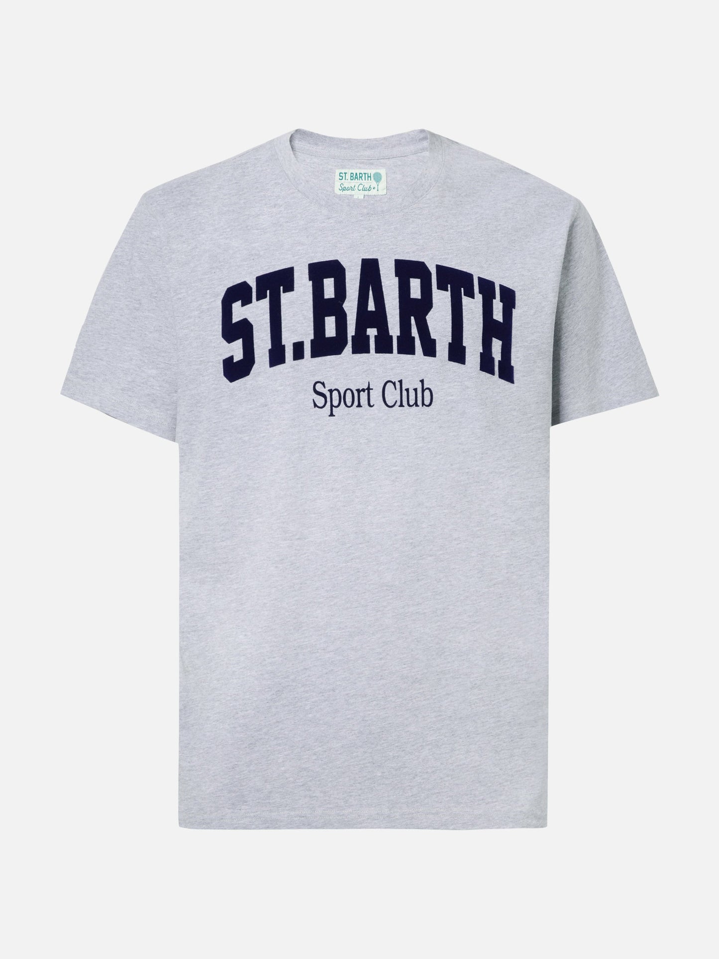 Arnott bomulls-T-skjorte i blått med St. Barth Sport Club flock-trykk – produktbilde