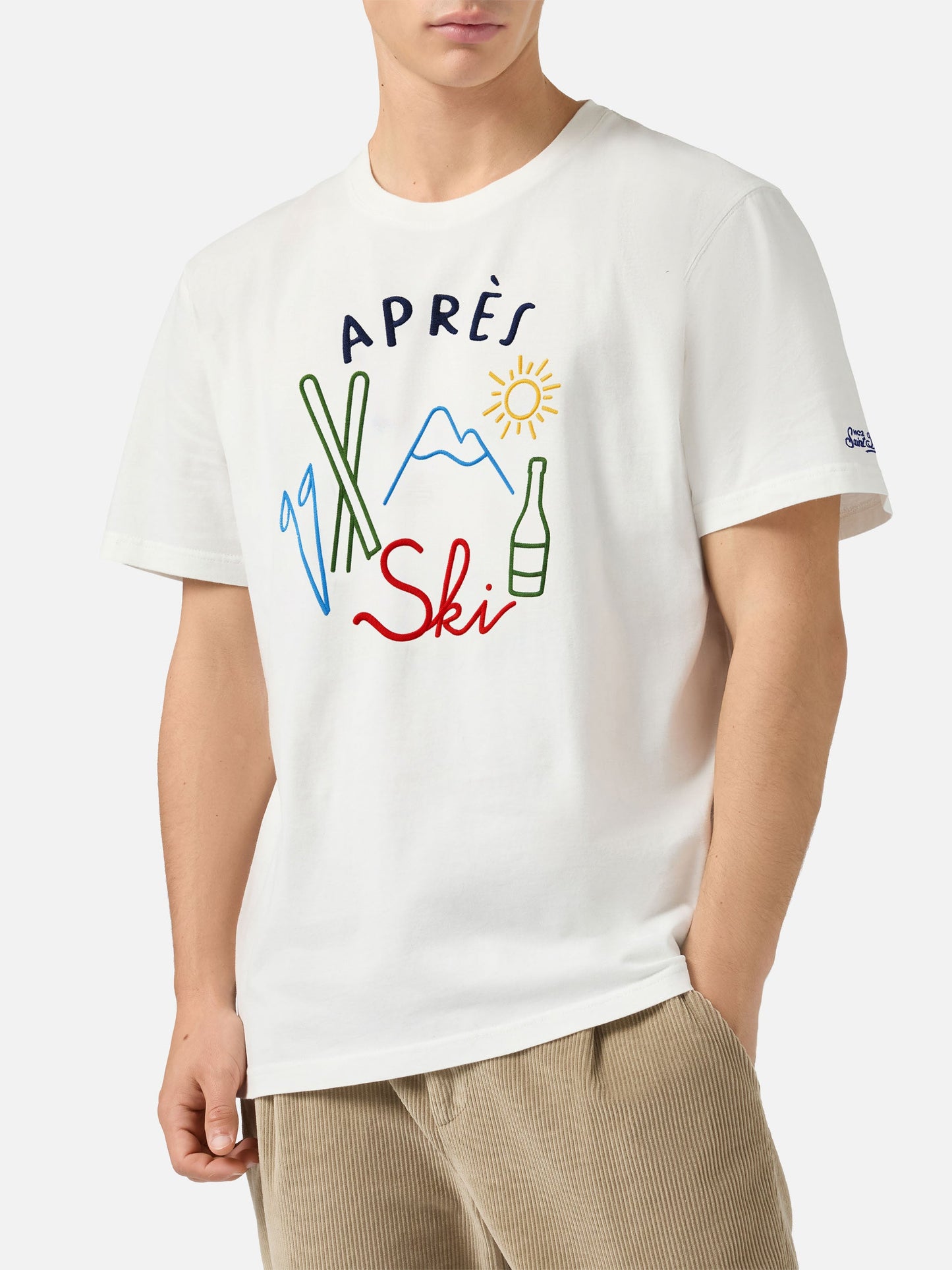 Arnott varm vinter T-skjorte i bomull, hvit med Après Ski-broderi – produktbilde