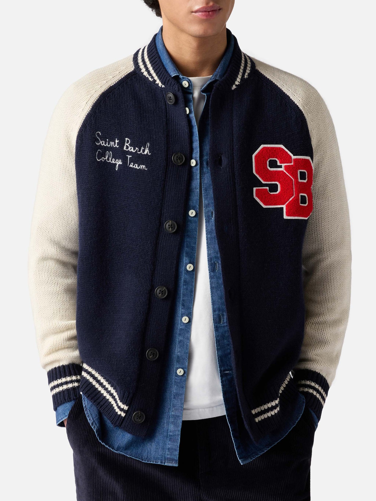 Marineblå strikket bomber college-stil Benjamin – produktbilde