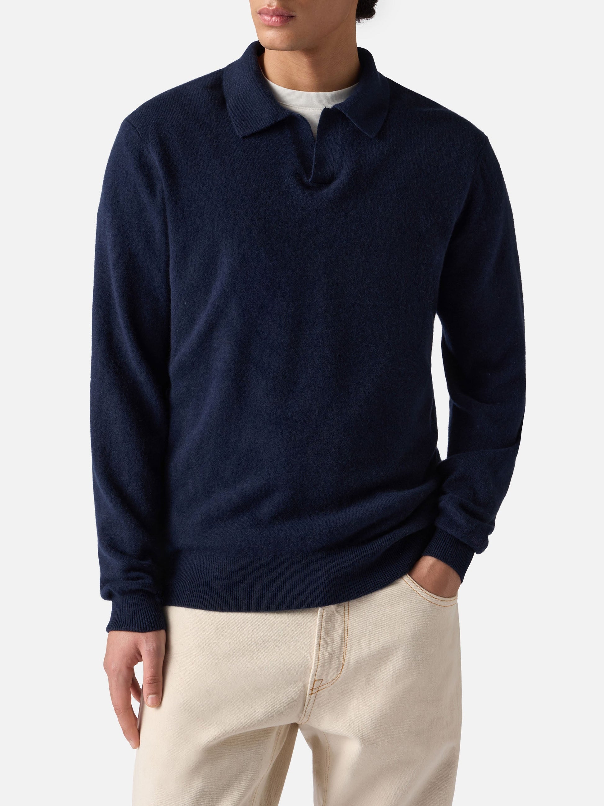 Covent cashmere strikket polo i night blue – produktbilde