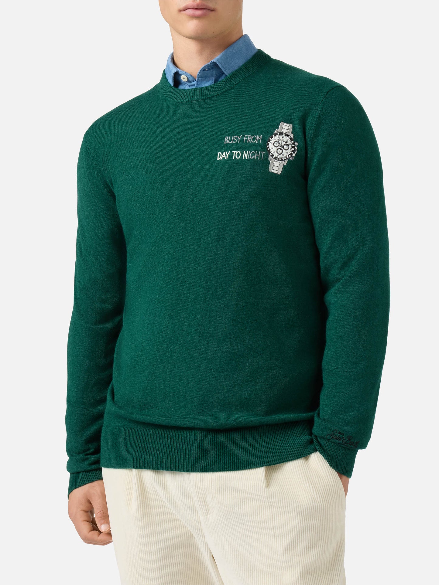 Crewneck-genser Heron Light med "Busy from day to night"-broderi – offisielt produktbilde 2