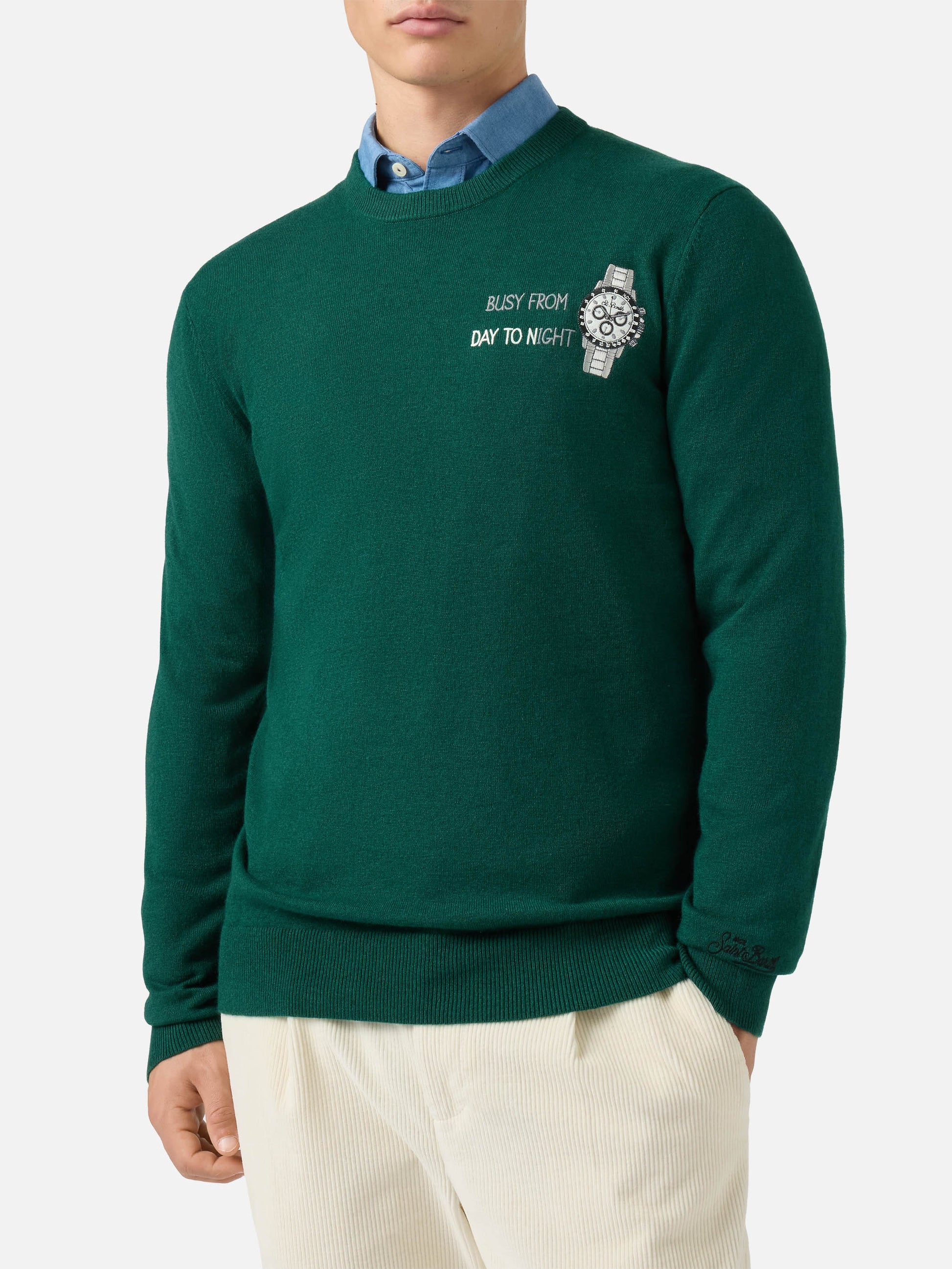 Crewneck-genser Heron Light med "Busy from day to night"-broderi – offisielt produktbilde 2