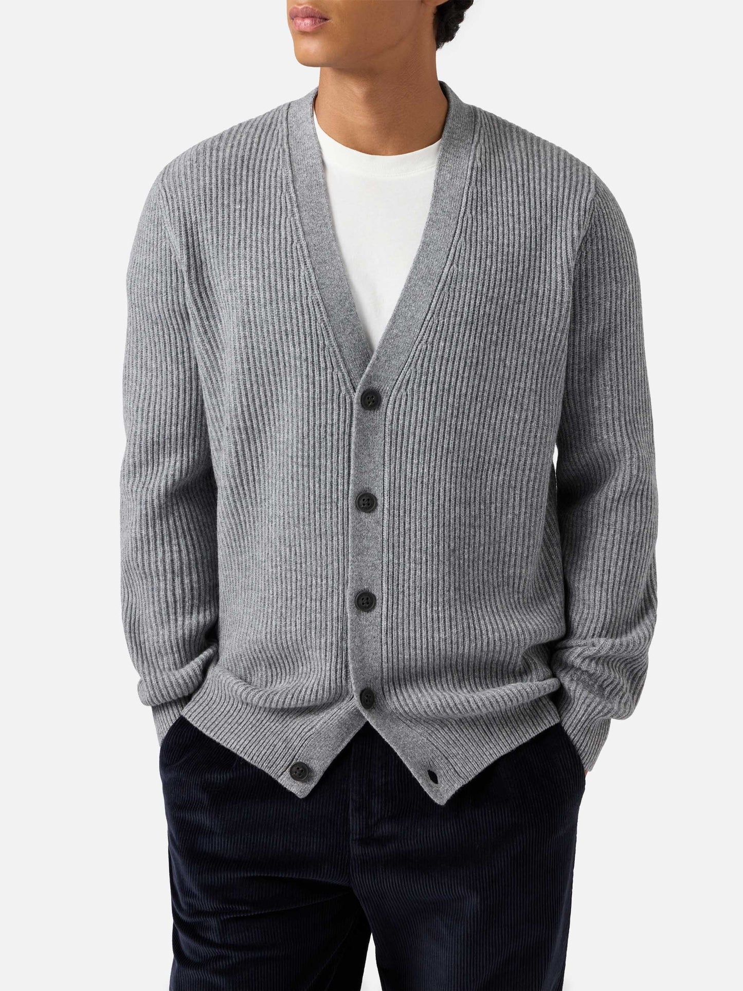 Herrison cardigan i 100 % ull — grå melange, engelsk ribbestrikk – produktbilde