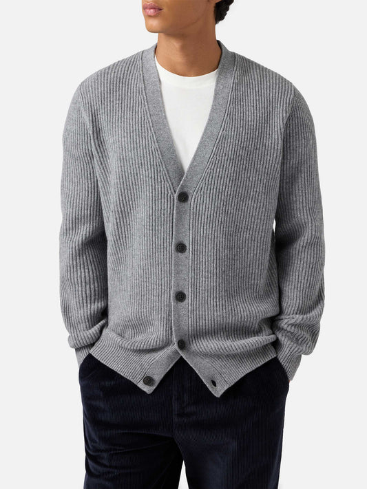 Herrison cardigan i 100 % ull — grå melange, engelsk ribbestrikk – produktbilde