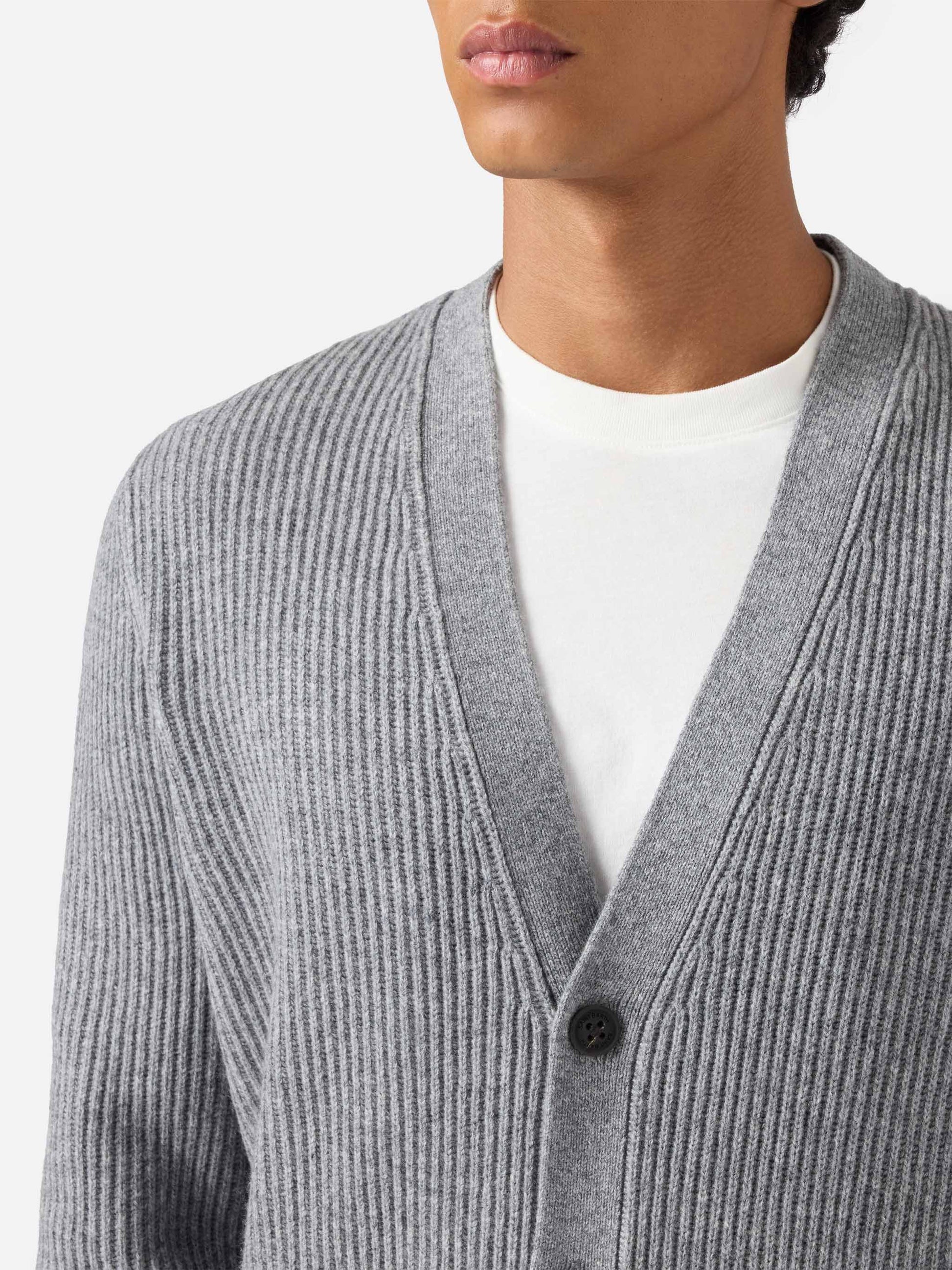 Herrison cardigan i 100 % ull — grå melange, engelsk ribbestrikk – offisielt produktbilde 2