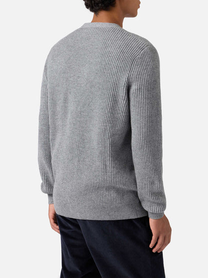 Herrison cardigan i 100 % ull — grå melange, engelsk ribbestrikk – offisielt produktbilde 3