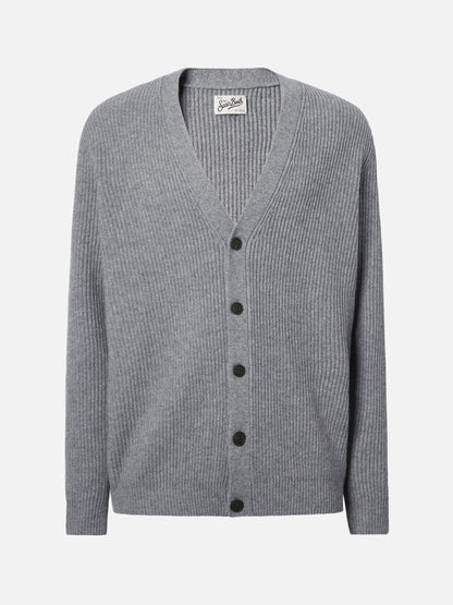 Herrison cardigan i 100 % ull — grå melange, engelsk ribbestrikk – offisielt produktbilde 5