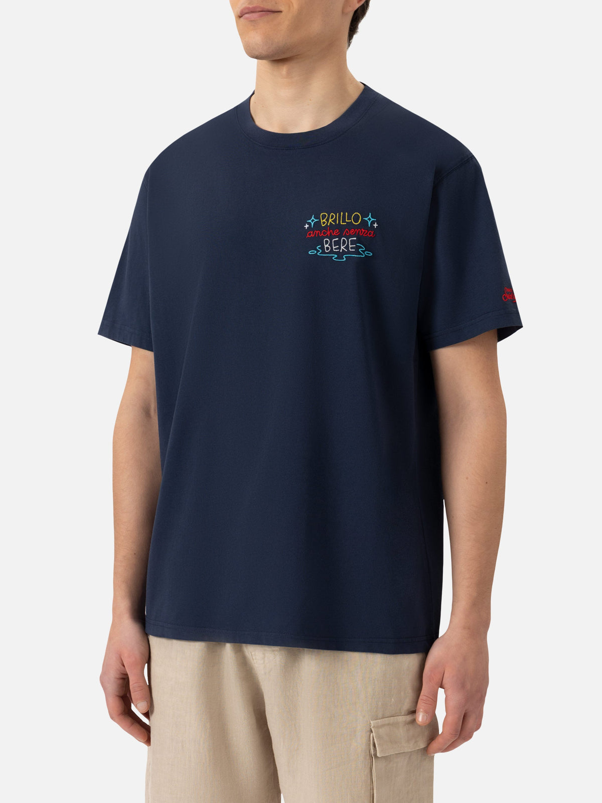 Classic fit T-skjorte i bomullsjersey Portofino med broderi 'Brillo senza bere' | INSULTI LUMINOSI SPECIAL EDITION – offisielt produktbilde 2