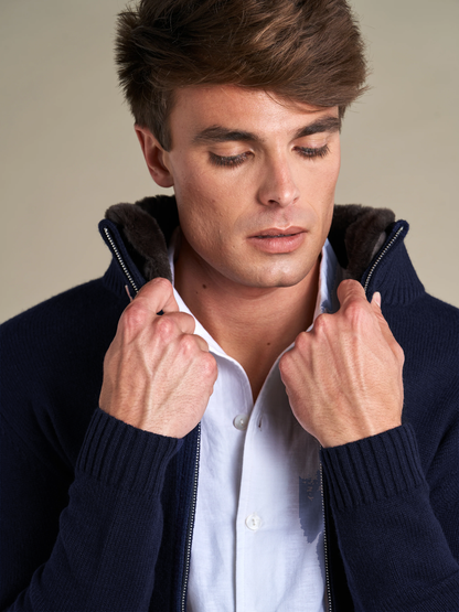 Genuine Fur Collar Cardigan | Navy – detaljbilde 2