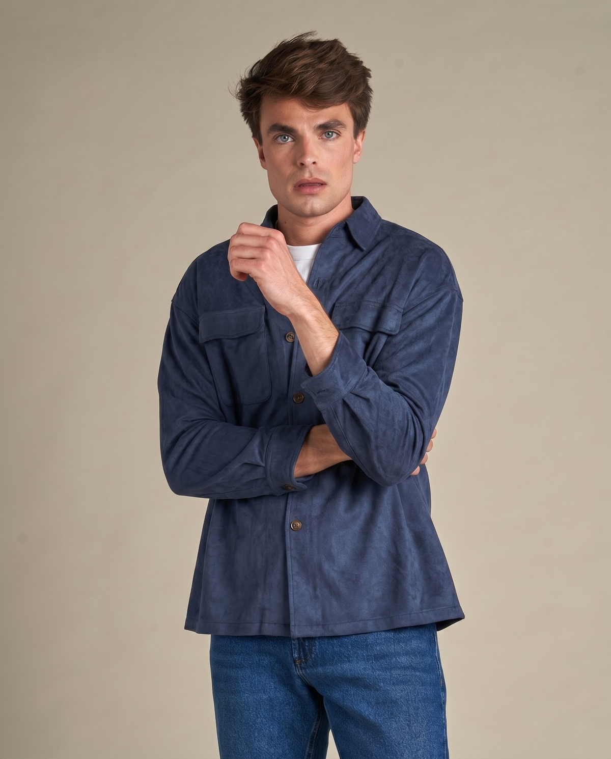 Faux Suede Overshirt | Navy – detaljbilde 4
