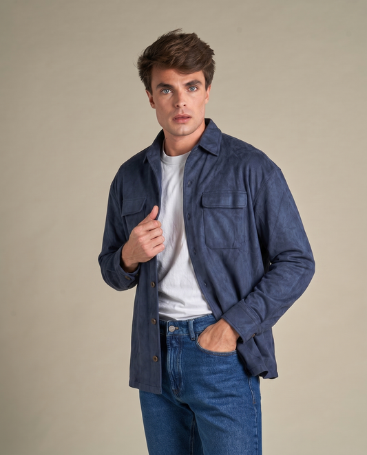 Faux Suede Overshirt | Navy – Marineblå – størrelse XL