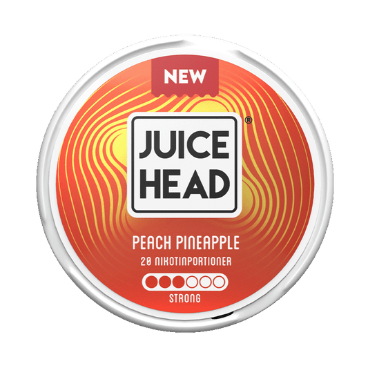 Juice Head Peach Pineapple Strong 9mg, 5-pakke med nikotinposer